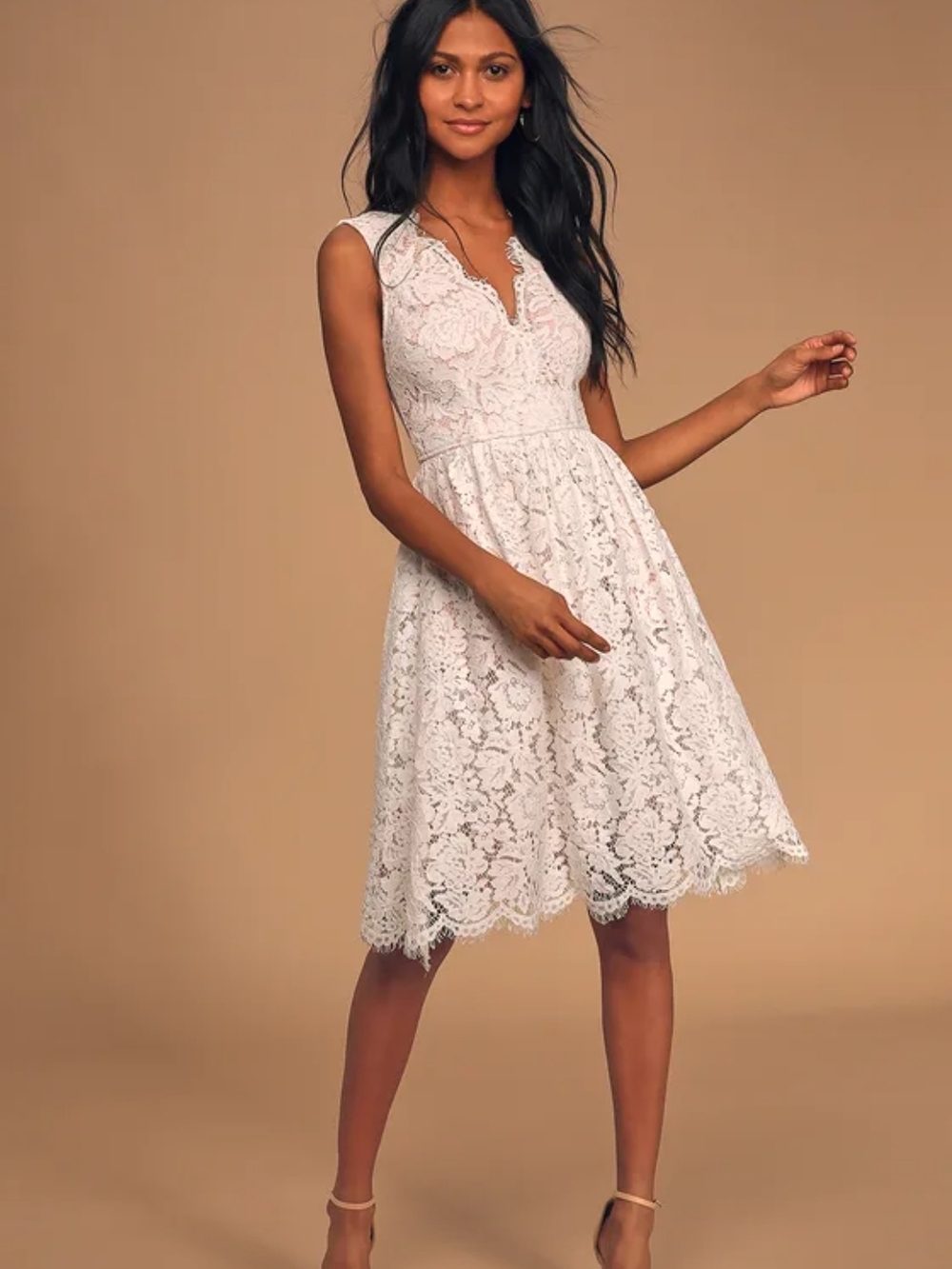 NWT Lulus Love Swept White Lace Midi A-Line Scalloped Bottom Dress - Small
